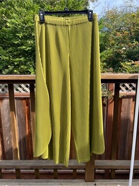 Olive Green Pleated Sculptural Pants Unique Curved Asymmetrical Leg